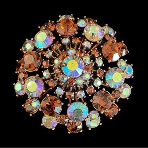Vintage Joan Rivers Round Domed Brooch Topaz And AB Swarovski Crystal